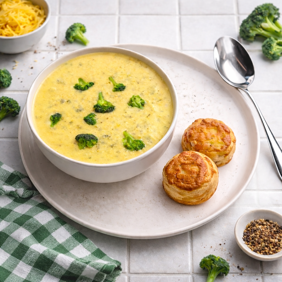 Cheddar Broccoli Soup with Biscuits